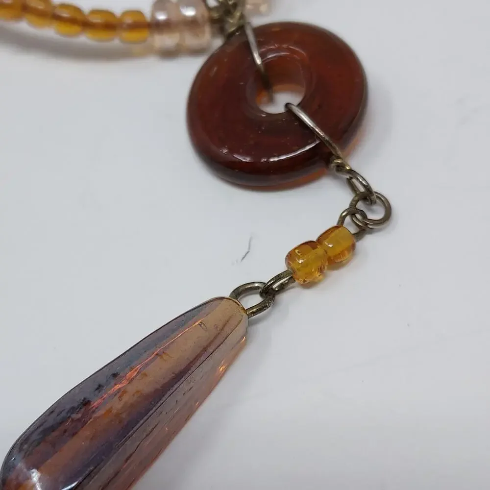 Glass Bead Necklace Honey Root Beer Color Donut Teardrop Pendant Boho 36
